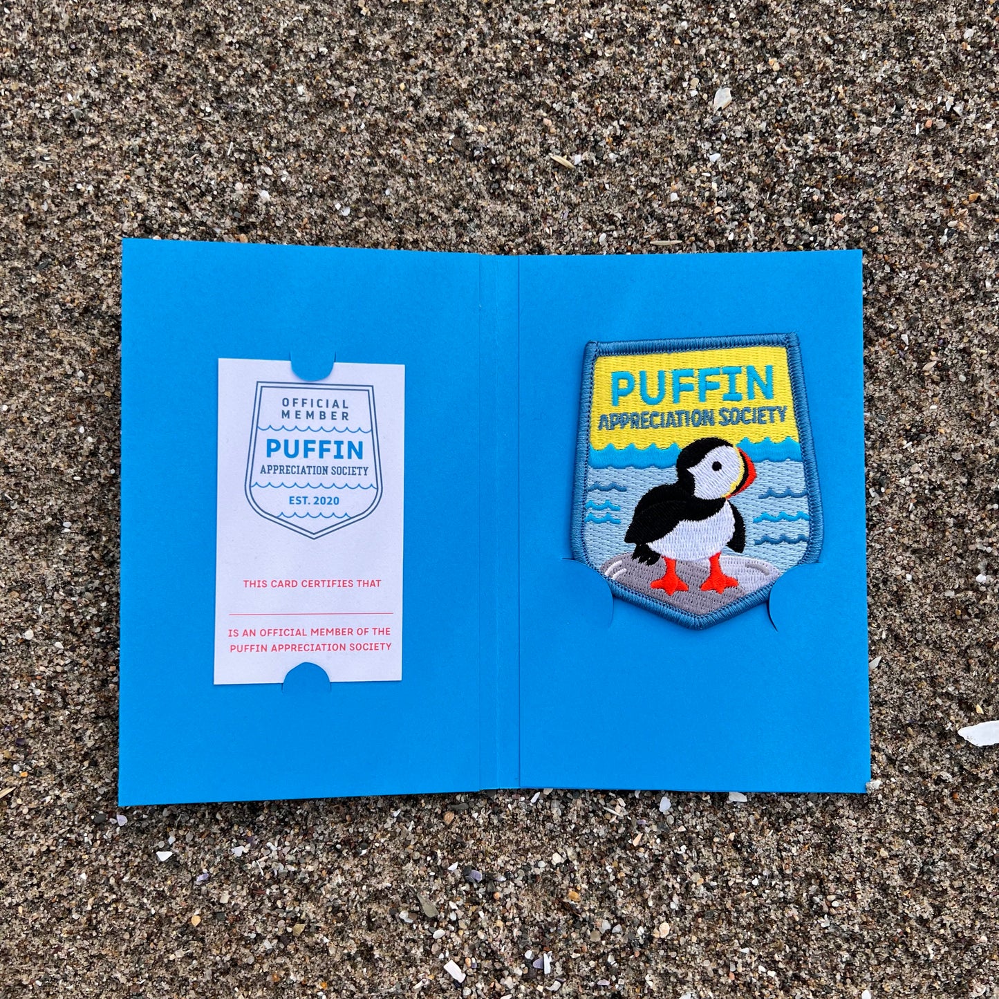 Puffin Appreciation Society iron-on patch with optional membership kit