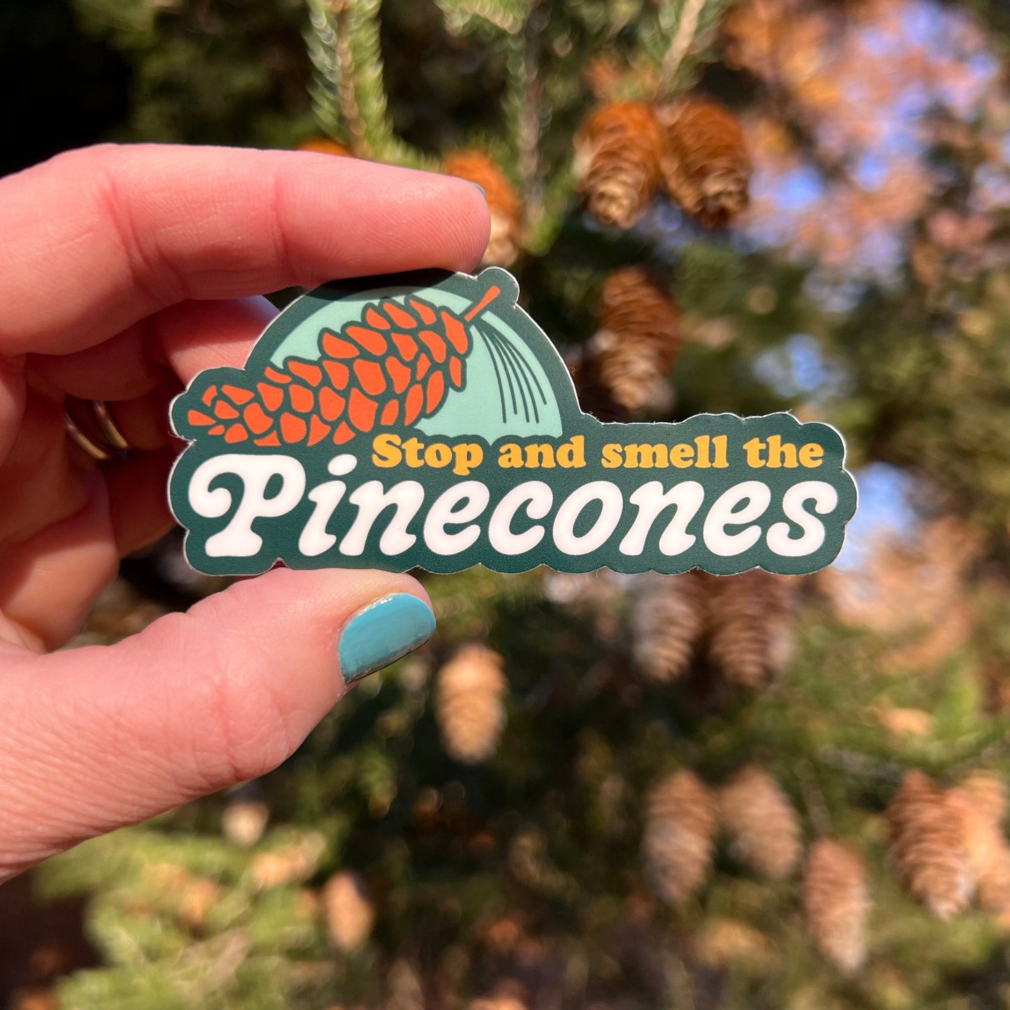Stop and Smell the Pinecones Vinyl Sticker (3.25 inch sticker)