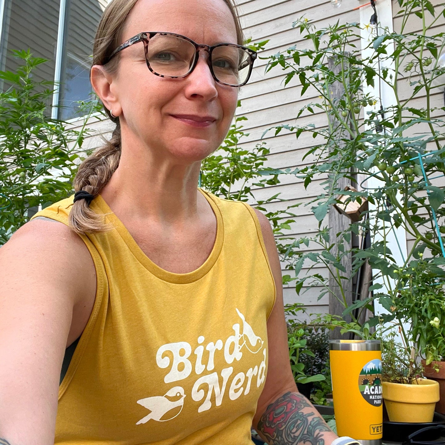 Bird Nerd hand printed tank top - yellow or sage green