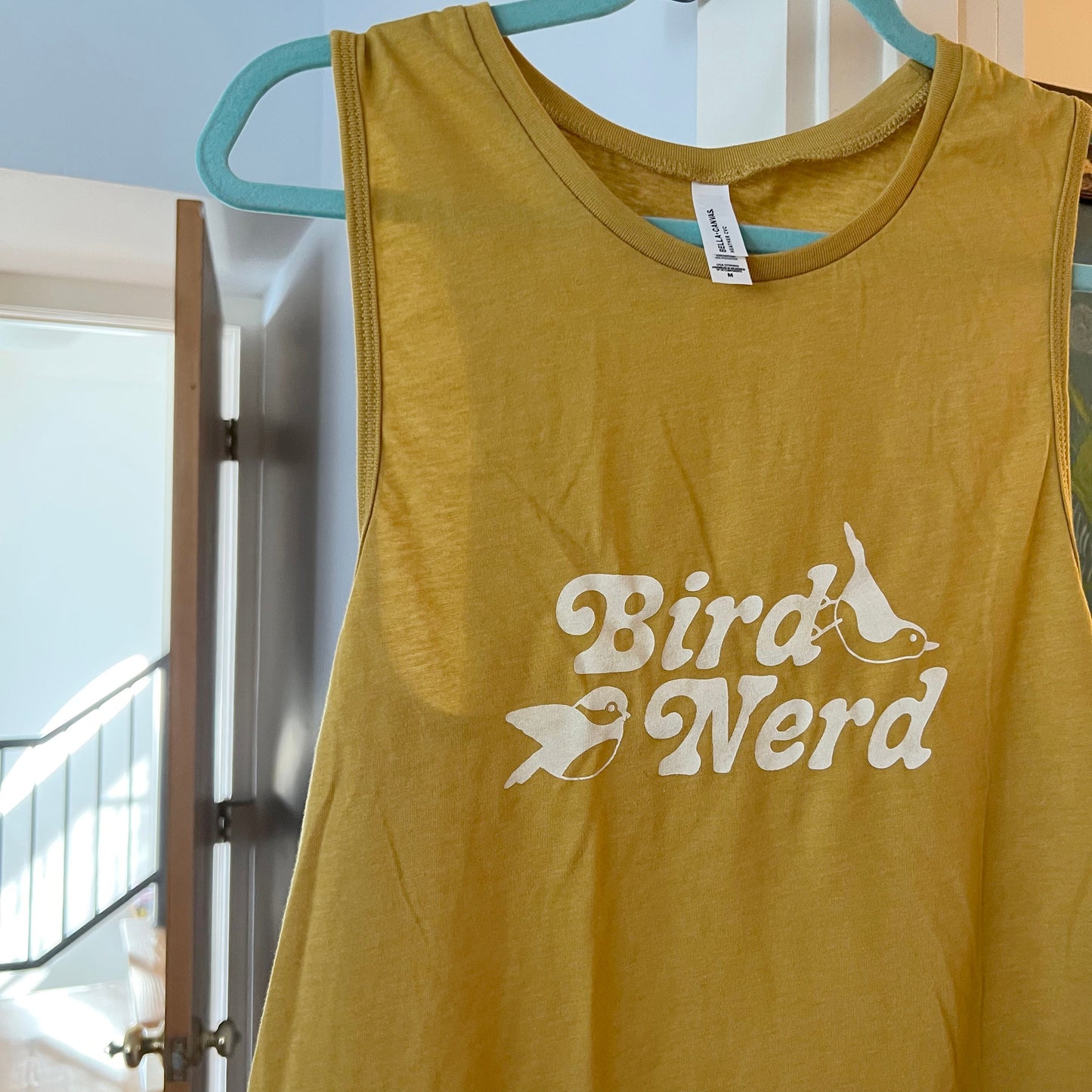 Bird Nerd hand printed tank top - yellow or sage green