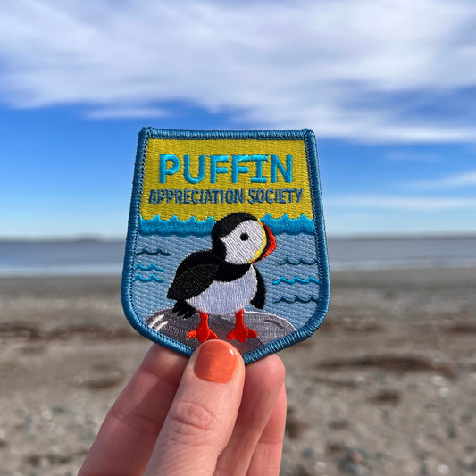Puffin Appreciation Society iron-on patch with optional membership kit