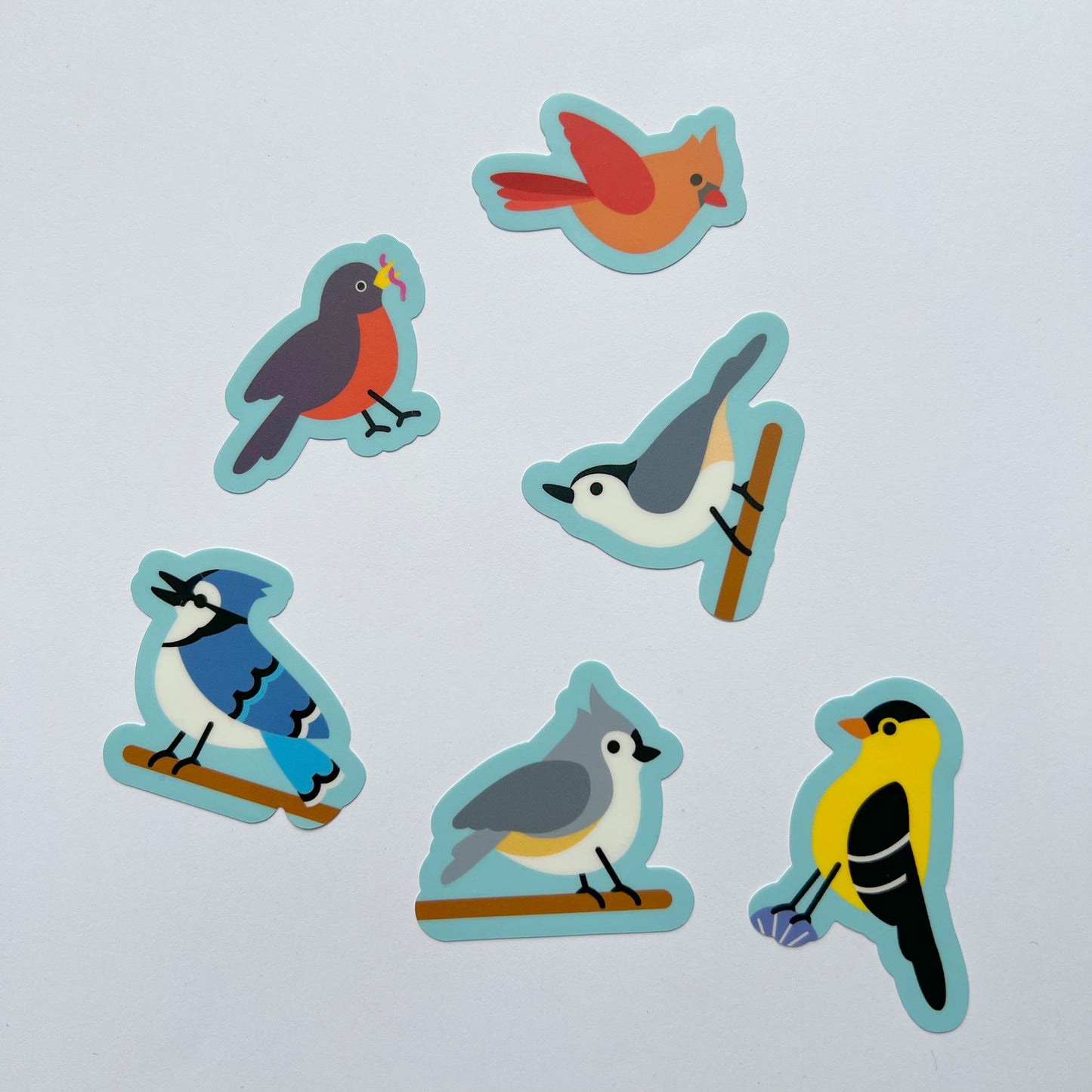 Fatbird Sticker Sheet (4x6): Titmouse, Nuthatch, Robin, Goldfinch, Blue Jay, Cardinal