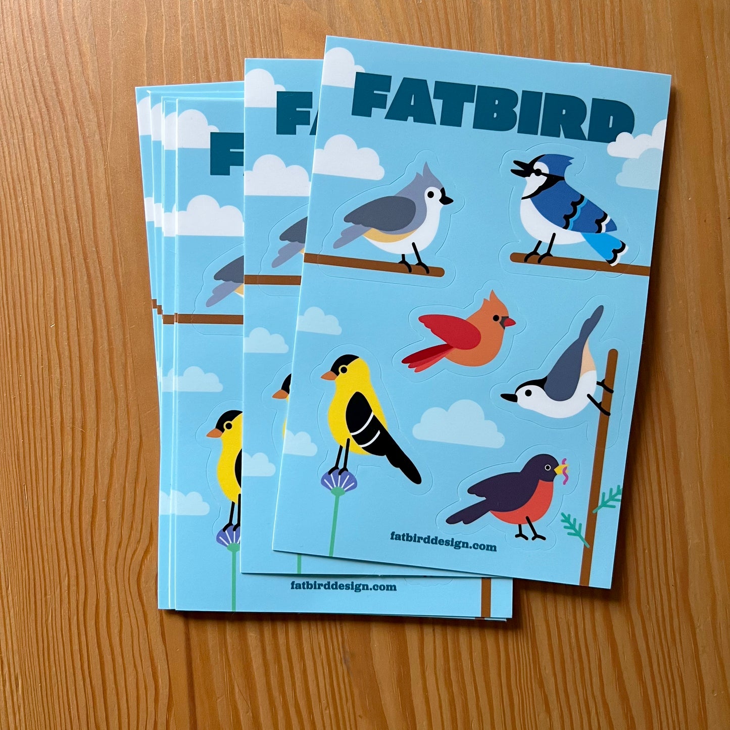 Fatbird Sticker Sheet (4x6): Titmouse, Nuthatch, Robin, Goldfinch, Blue Jay, Cardinal