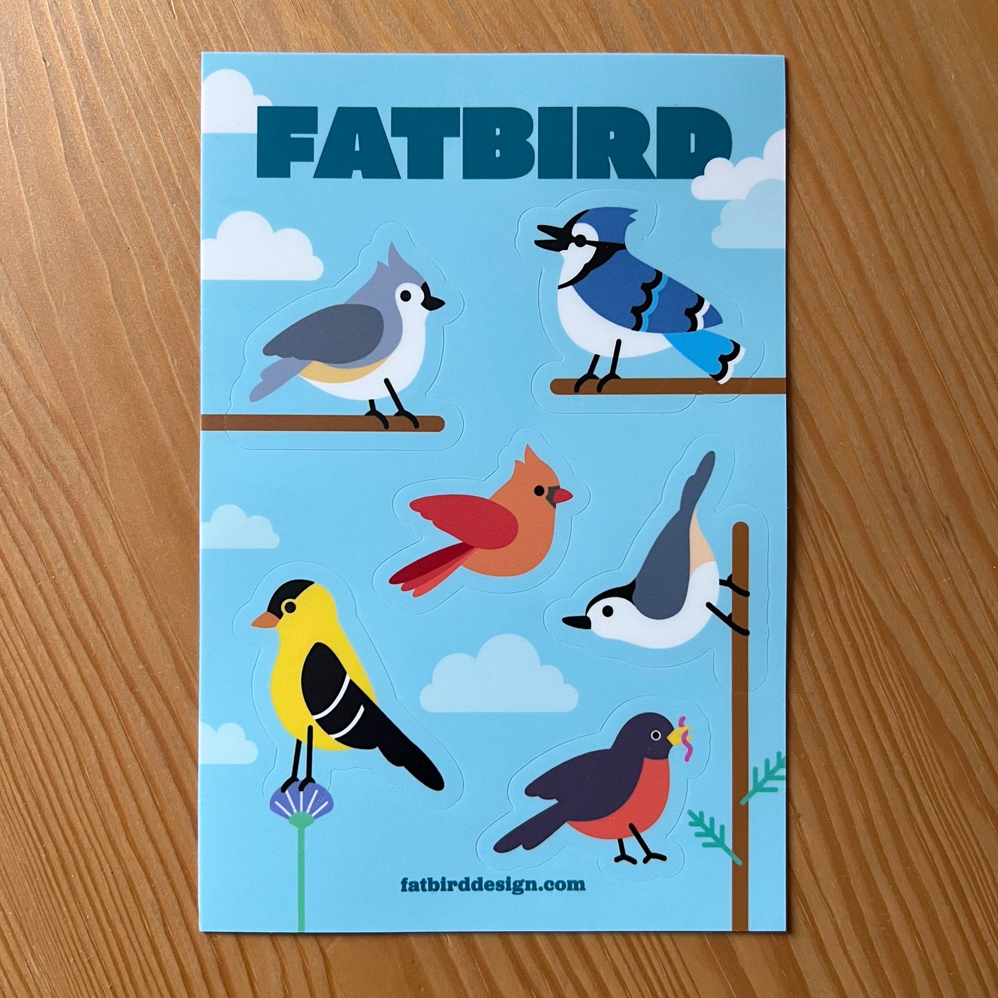 Fatbird Sticker Sheet (4x6): Titmouse, Nuthatch, Robin, Goldfinch, Blue Jay, Cardinal