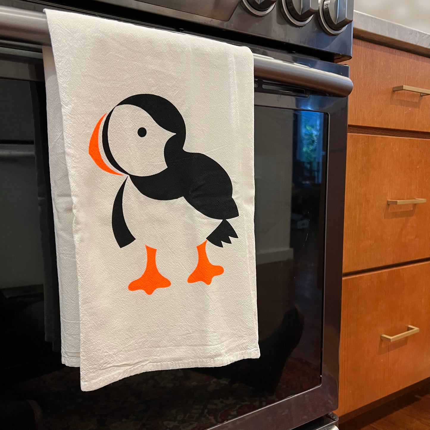Hand-Printed Flour Sack Tea Towel: Puffin, Loon, or Fox