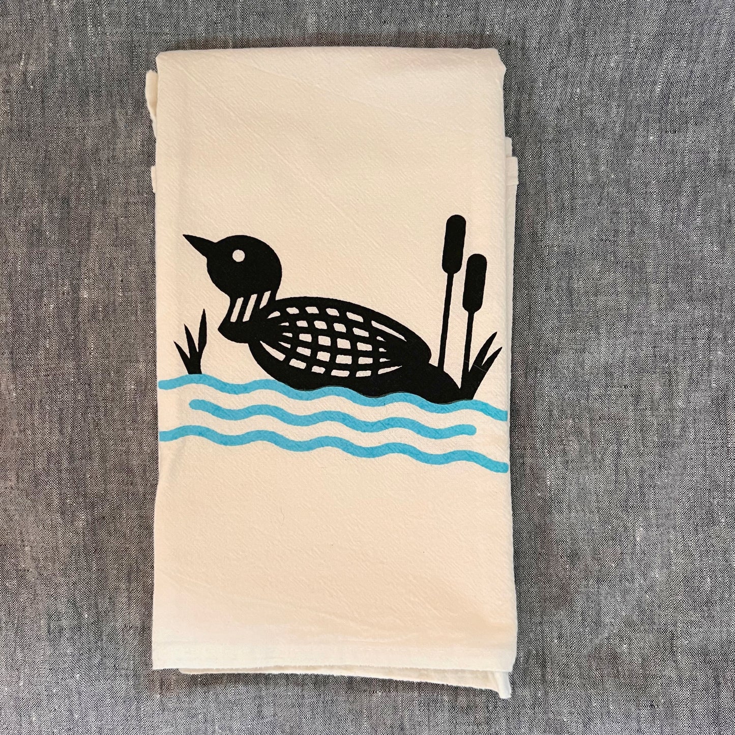 Hand-Printed Flour Sack Tea Towel: Puffin, Loon, or Fox