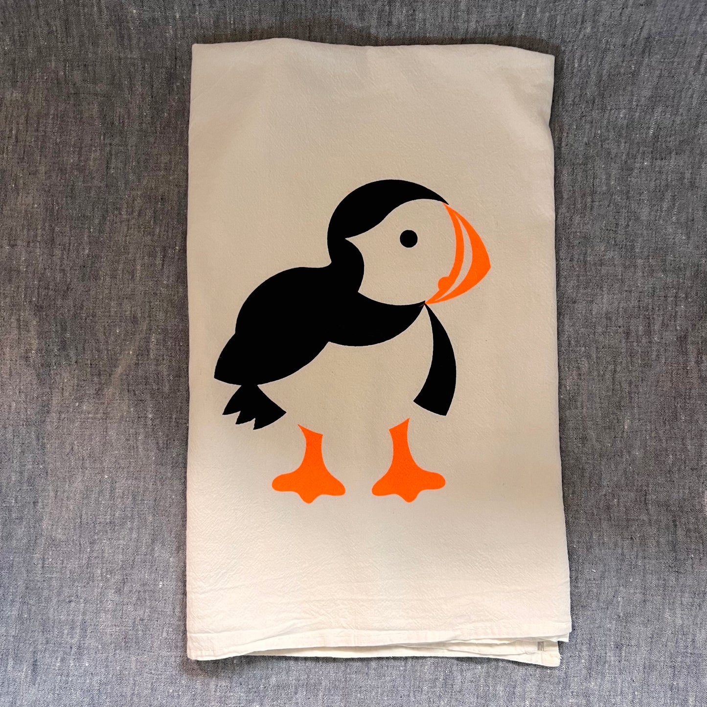 Hand-Printed Flour Sack Tea Towel: Puffin, Loon, or Fox